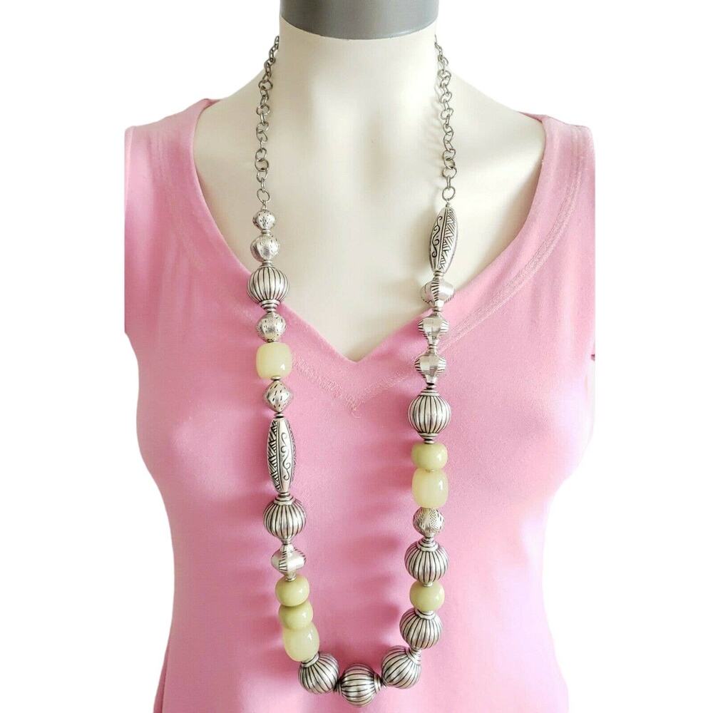 CHICO'S chunky fun funky fashion statement necklace silver lime beads baubles